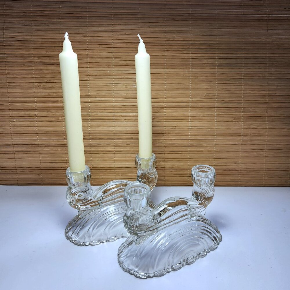 McKee Glass Vintage Rainbow Cloud Double Candlestick Holders Art Deco Pair